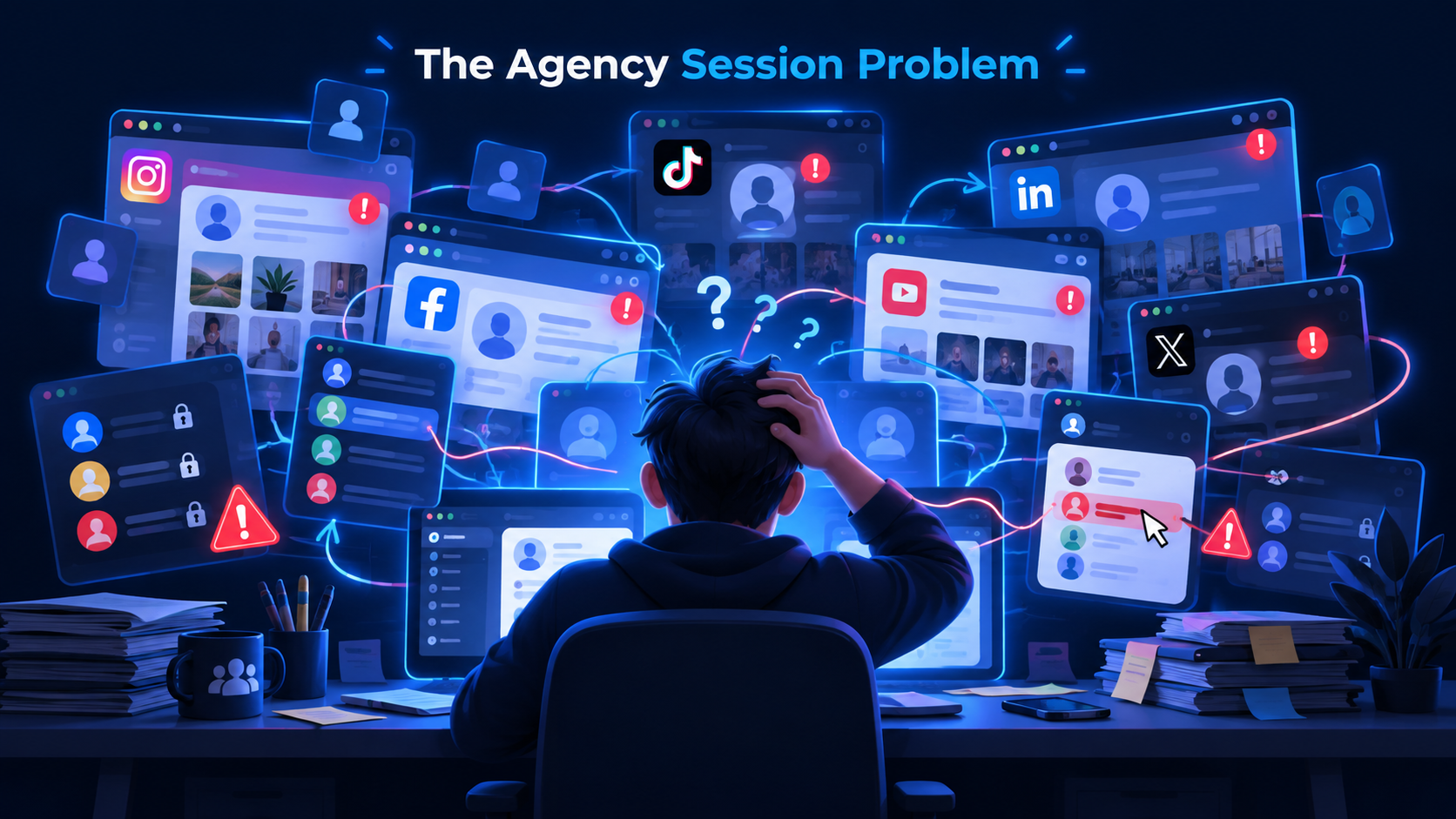 Social media agency managing multiple client accounts with overlapping browser sessions